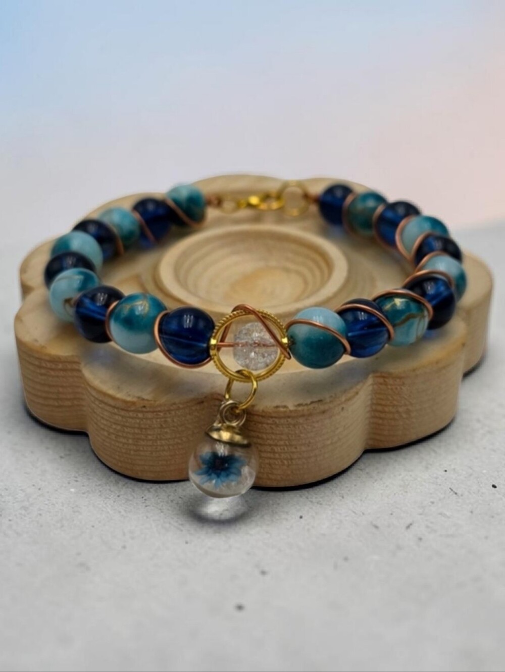 Handmade Blue & Gold Wire-Wrapped Beaded Bracelet – Elegant Jewelry